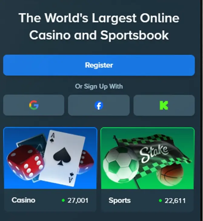 Tela inicial do app internacional do Stake, em inglês, com o botão Register, as opções Google, Facebook e Kick e os blocos Casino e Sports